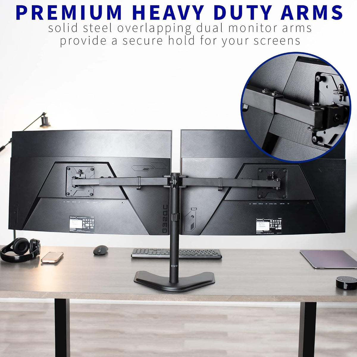 VIVO Premium Dual Ultra Wide LCD LED 27 to 38 inch Monitor Desk Stand, Heavy Duty, Free-Standing Telescoping Arms, Flush Wall Setup, Fits 2 Screens, Black, STAND-TS38B