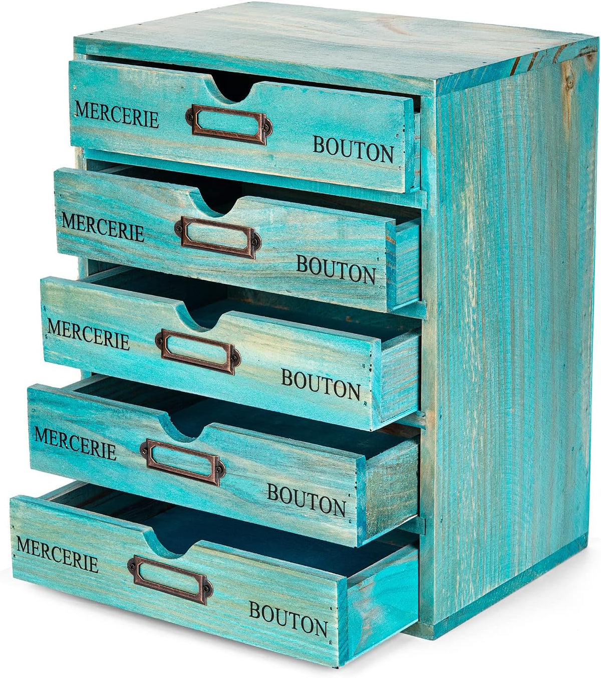 Turquoise 5-Tier Drawer Desktop Curio Cabinet - French Farmhouse Country Desk Organizer Box - Wooden Stackable Shelves - Teal Countertop Shelf w/Label Holder - 5-Level File Drawer Unit