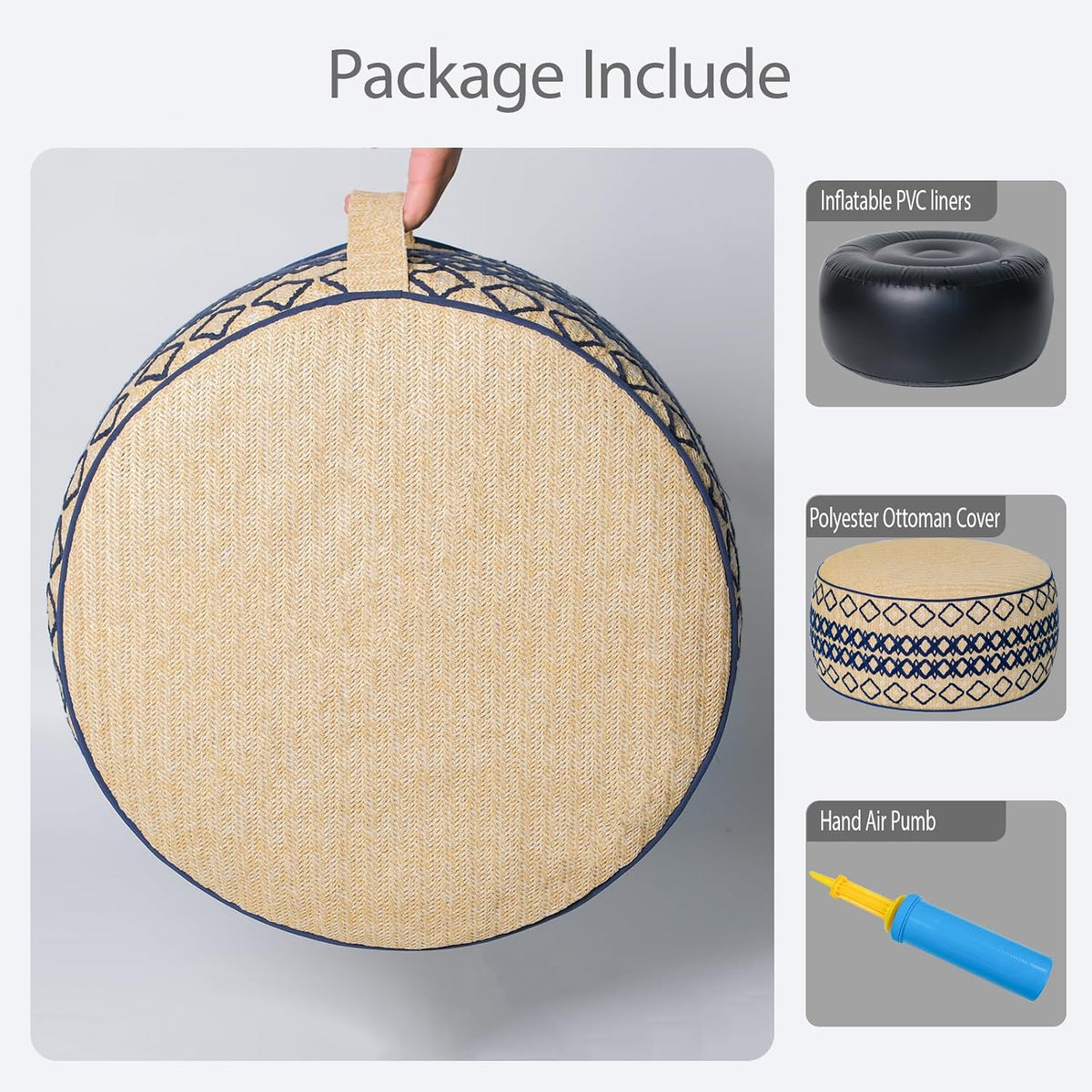 Outdoor Inflatable Ottoman with Air Pump, Embroidery Patio Footrest Stool D21”x H9”, Round Pouf Ottoman with Portable Handle Suitable for Garden, Camping, Bedroom, Living Room