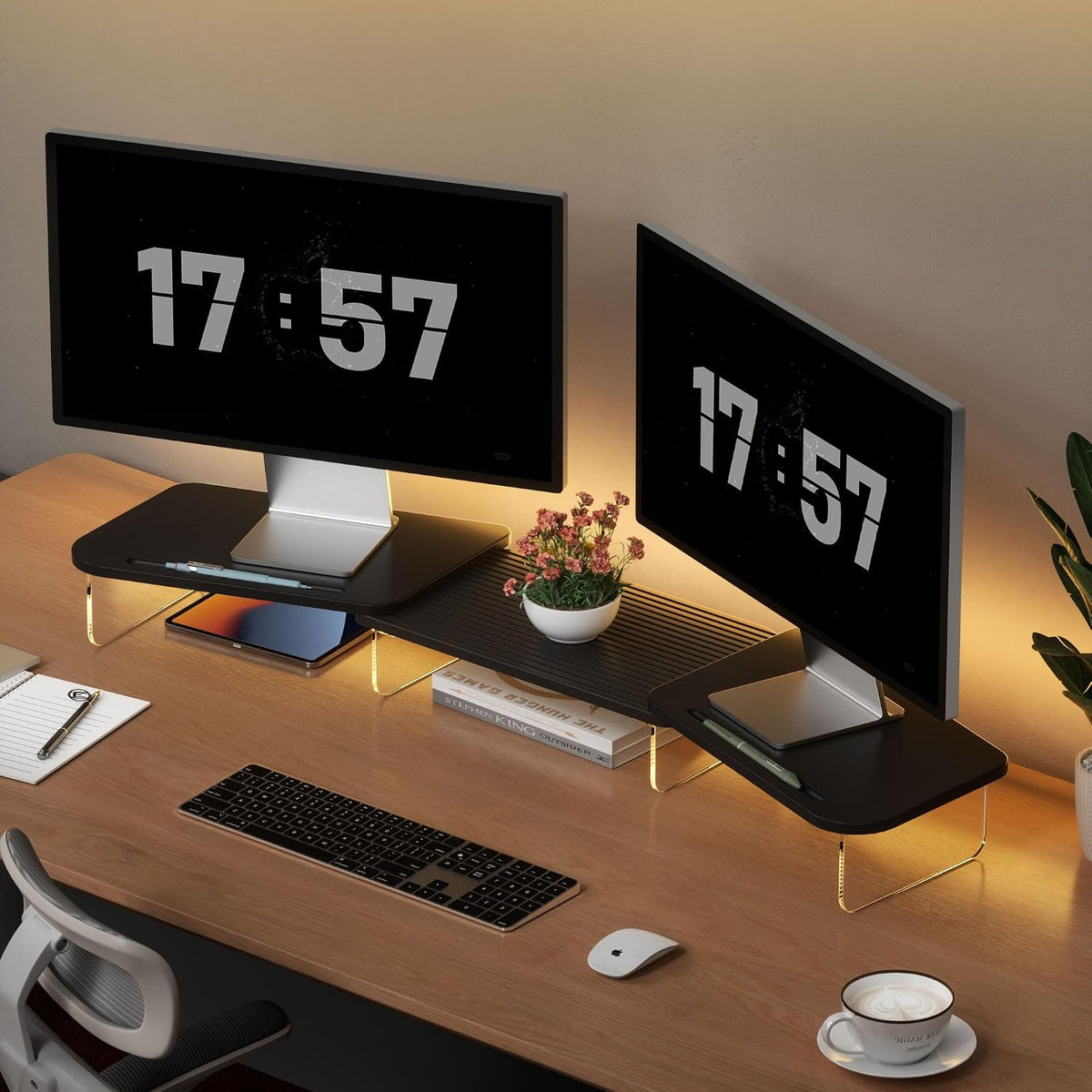 AFOOYO LED Dual Monitor Stand Riser for 2 Monitors,Office Desktop Wooden Stand Adjustable Length and Angle 3 Shelf,Extra Long Multifunctional Stand up to 39.3" for Computer,Laptop,TV,Black