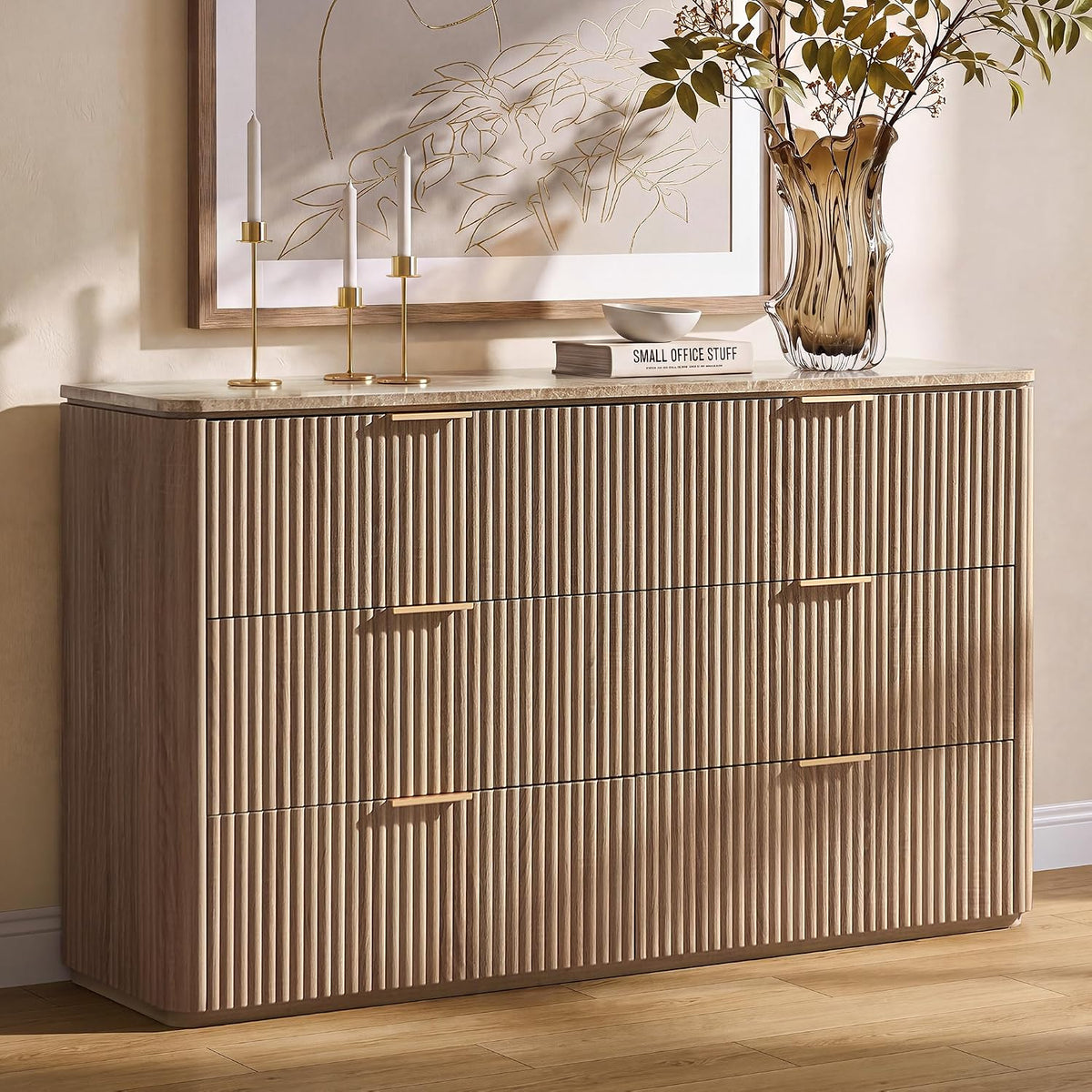 54"W Fluted 6 Drawer Bedroom Dresser, with Faux Marble Top,Natural Oak