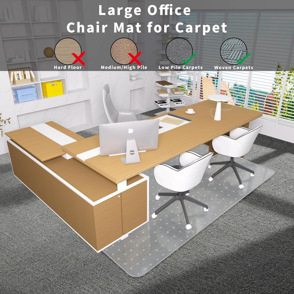 Office Chair Mat for Carpeted Floor, 63"x51" Clear Desk Mat for Carpet Large Protector Floor Mat On Low Pile Carpets, Easy Glide Rolling Plastic Floor Mat, Computer Chair Mat for Home Office