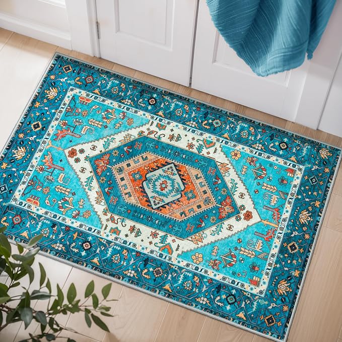 SERISSA Boho Rugs for Entryway, 2x3 Blue Entryway Rug Non-Slip Washable Small