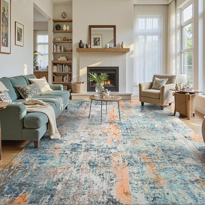 Ompaa Living Room Rug 6x9 Blue Area Rug Machine Washable Boho Rug Non Slip
