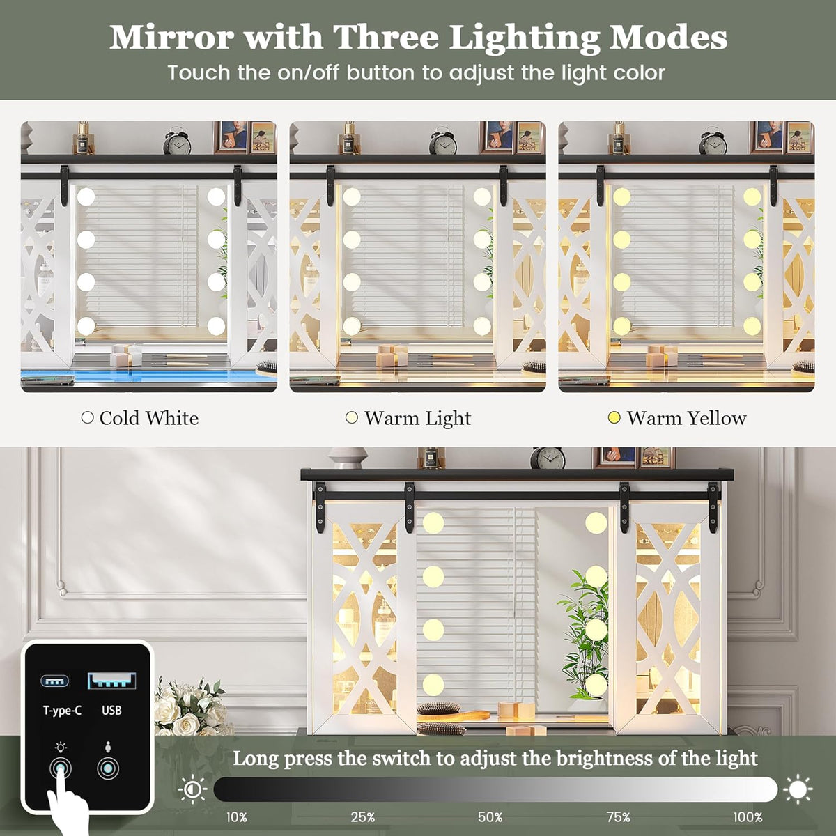 TAGELIER Farmhouse Large Makeup Vanity with Mirror & Lights