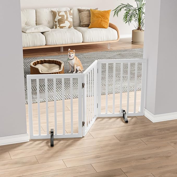 Dog Gates for The House Freestanding Foldable Pet Gates for Doorways 3 Panels 24'' Tall with 2PCS Support Feet Wooden White Dog Gate for Stairs