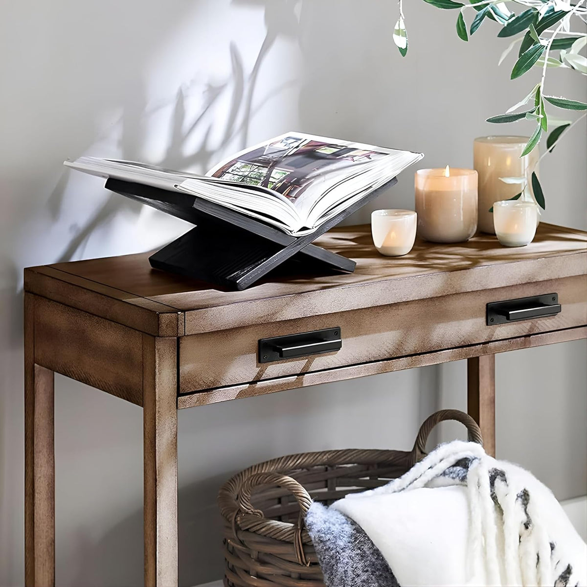 Honygebia Solid Oak Wood Book Stand, Cross Frame Open Display Holder