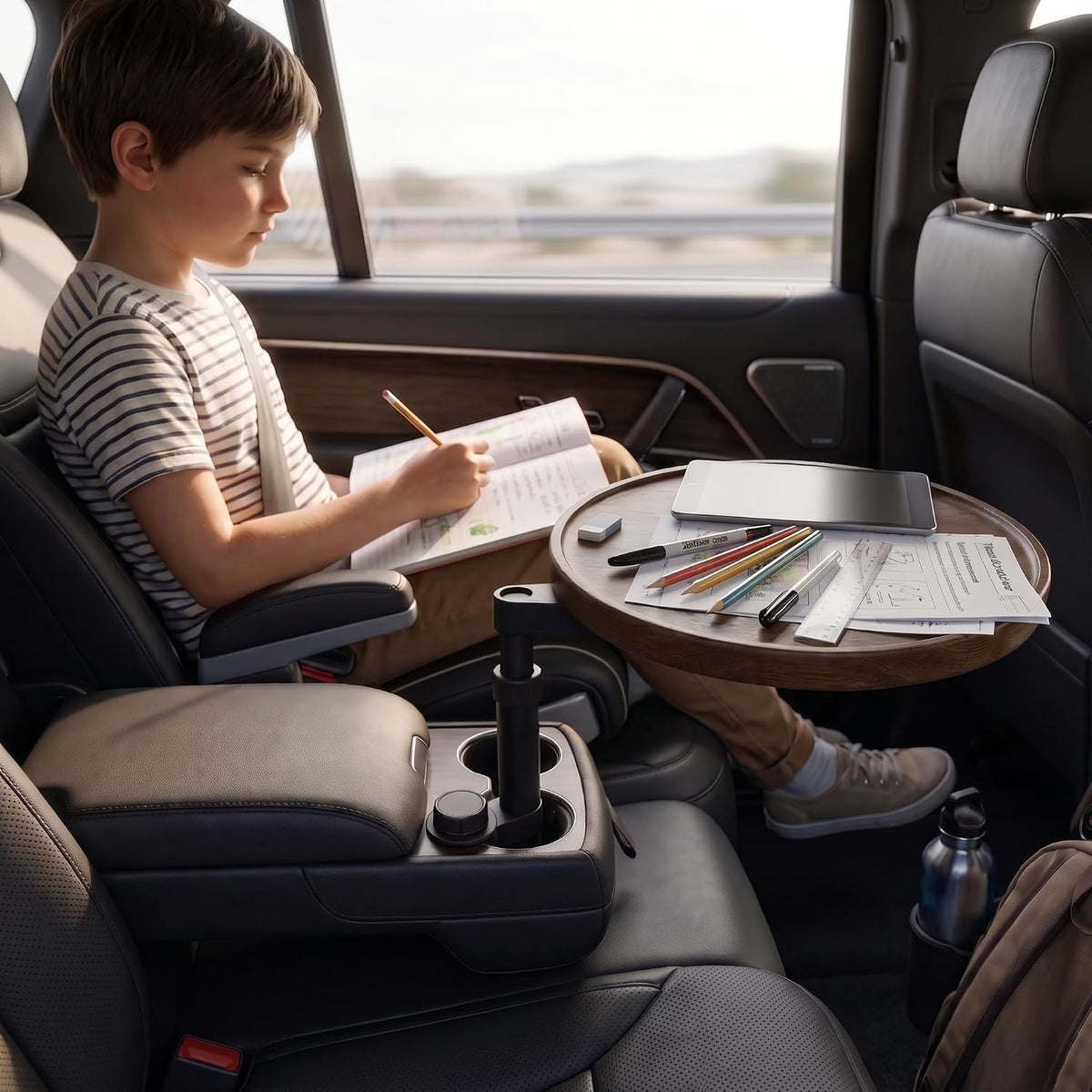 Car Cup Holder Tray Table - 360° Swivel Car Desk & Food Tray for Eating, Laptop Mount, Bamboo Car Organizer Table Accessories
