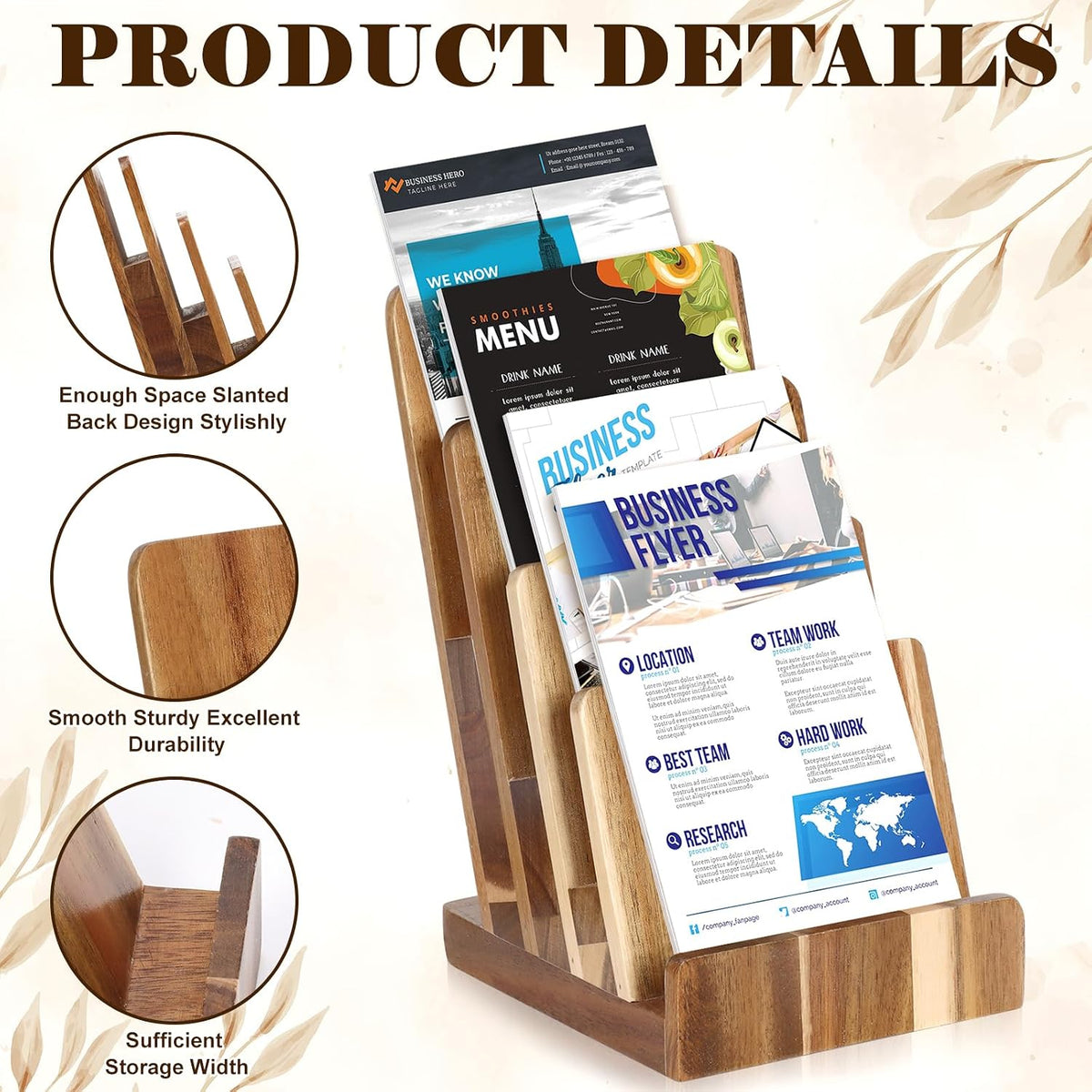 2 Pack 4 Tier Acacia Wood Brochure Holder Stand 6 x 9 inchLiterature Holder Flyer holder for 5.5 x 8.5 inch 5 x 7 inch Booklets Pamphlets Menus Magazines Multi Purpose Organizer