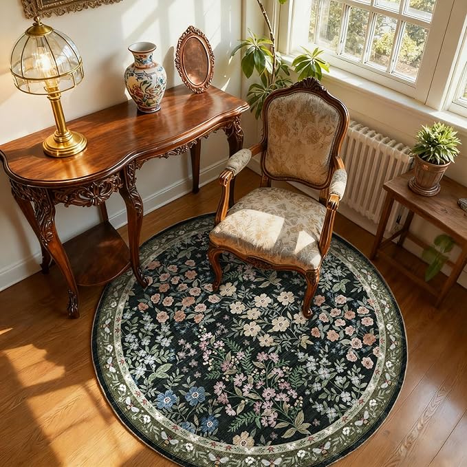 Washable Round Rugs for Bedroom 4ft: Living Room Rug Stain Resistant Non Slip