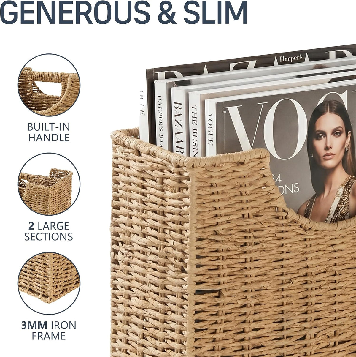 Coeusy Wicker Magazine Basket, Paper Rope Woven Magazine Holder for Files, Books, Documents, Newspapers, Narrow Boho Organizer and Storage Bins with Handle for Office, Living Room, Bathroom (Natural)