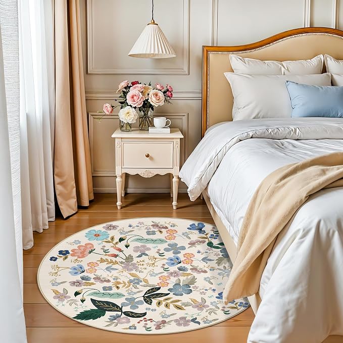 Washable Floral Round Rugs for Bedroom