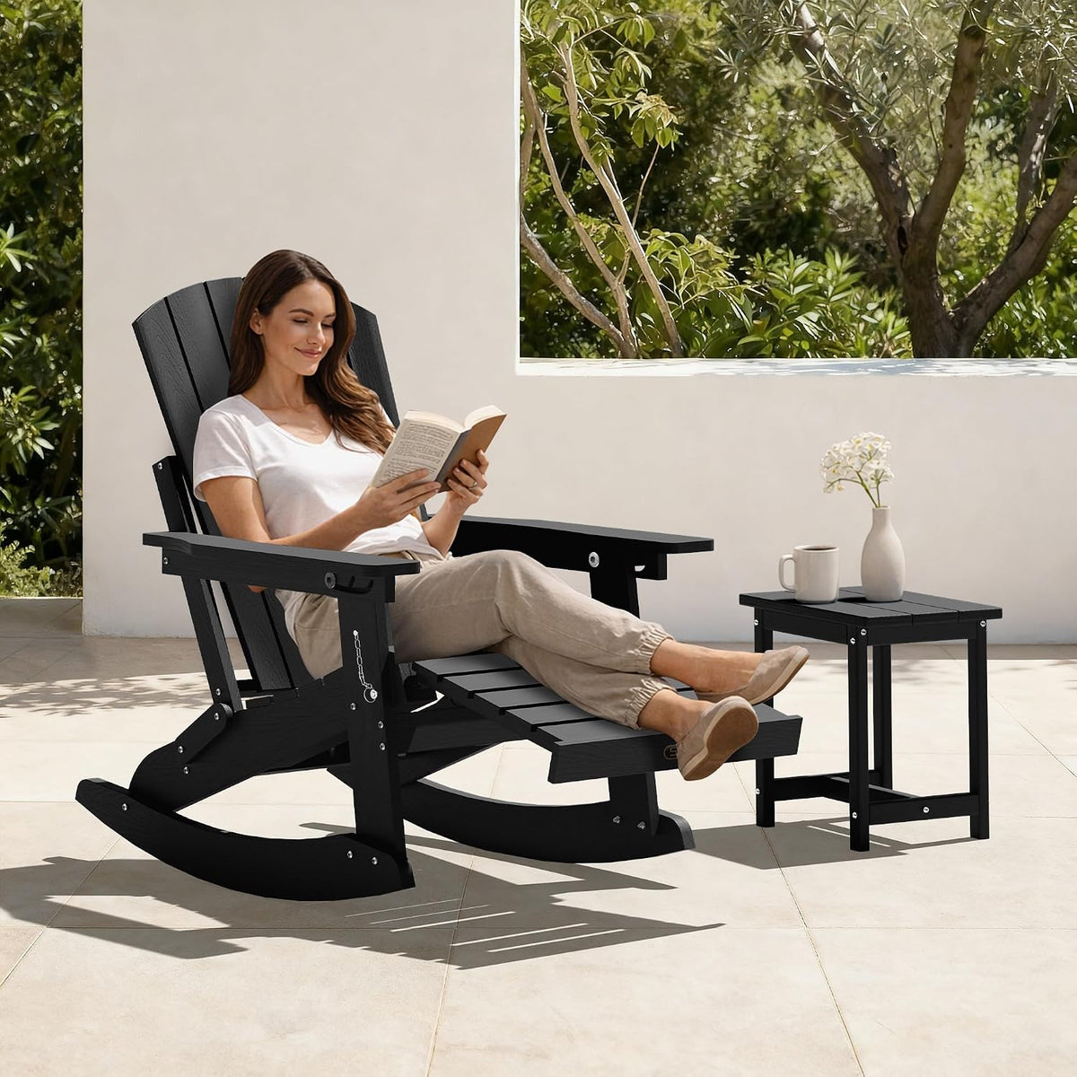 4-in-1 Rocking Adirondack Chair Set of 2, HDPE, Footrest, Black