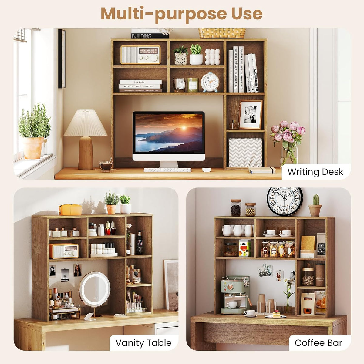 MAT EXPERT Wooden Desktop Bookshelf, Countertop Desk Hutch w/ 7 Cubes & Adjustable Shelves, Anti-toppling Kits, Table Top Organizer Shelf Fits Monitors up to 27” for Dorm, Office, Study (Natural)