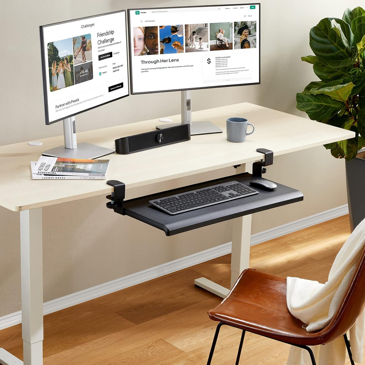 HUANUO Keyboard Tray Under Desk with C Clamp-Large Size, Steady Slide Keyboard Stand, No Screw into Desk, Perfect for Home or Office