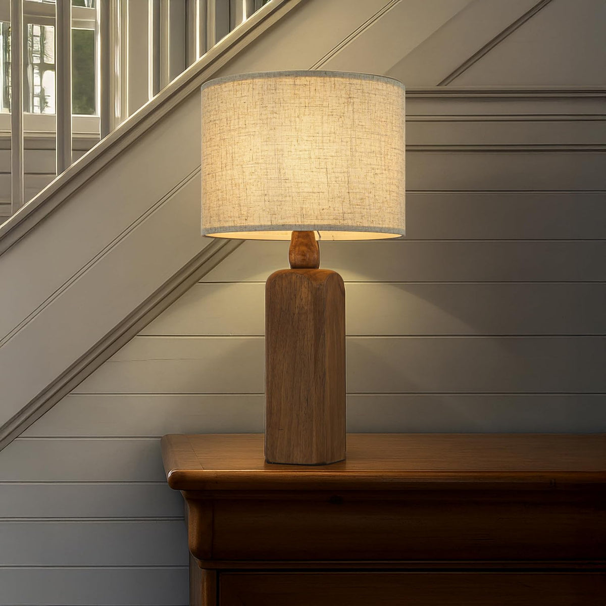 Natural Wood Table Lamp W22 inch 1-Light Bedside Desk Lamp with Beige Fabric Drum Shade Small Nightstand Lamp for Bedroom Living Room Dining Room