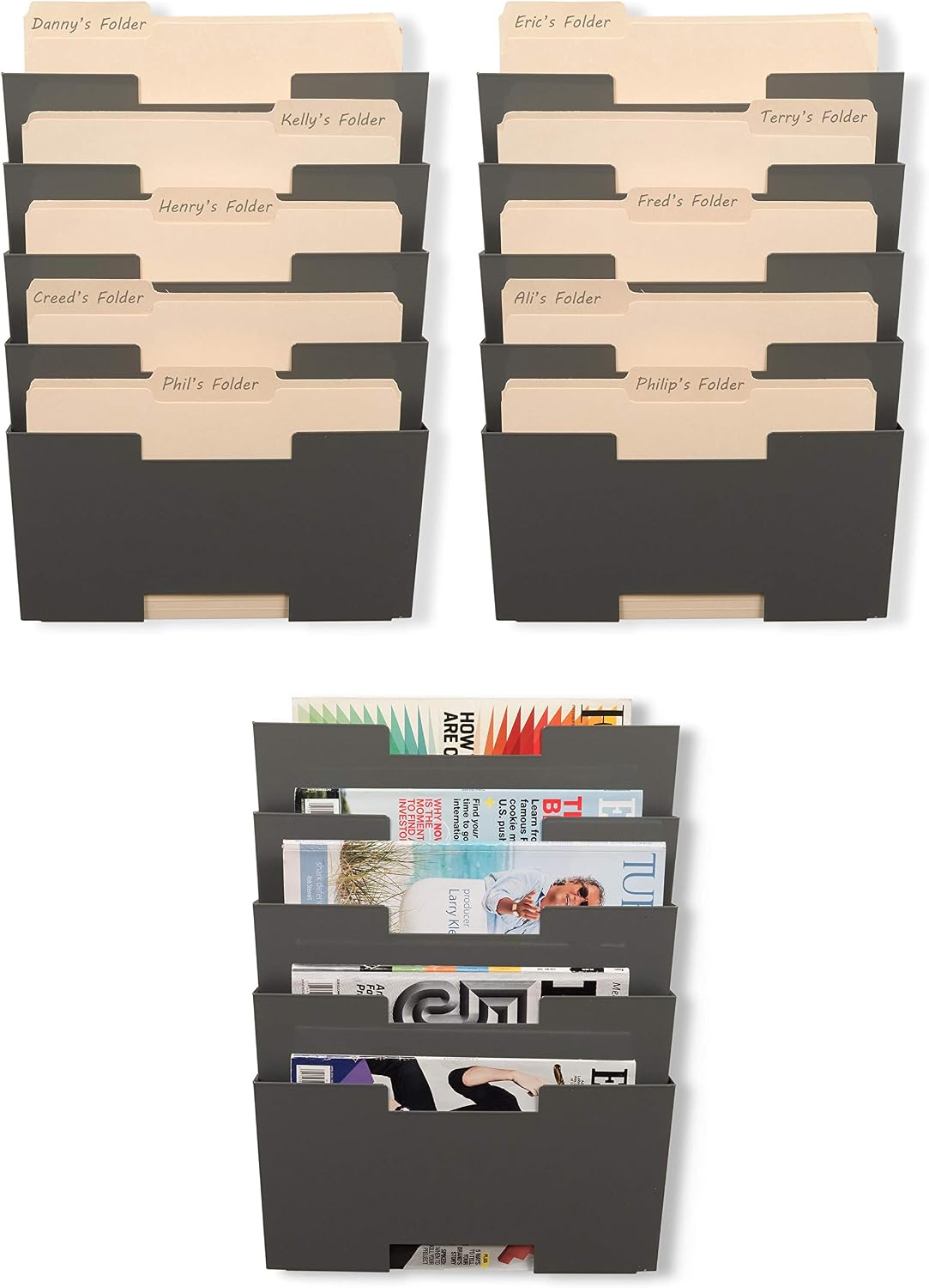 Wallniture Lisbon 15-Tier Wall Mounted File Holder and Desk Organizer, Metal Gray Office Organization and Storage Rack