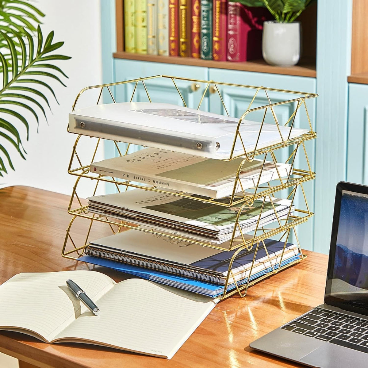 Yeaqee 4 Tier Stackable Gold Desk File Organizer Gold Paper Tray Rack