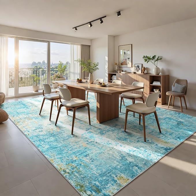 Ompaa Living Room Rug 8x10 Teal Blue Area Rugs Machine Washable Abstract Boho