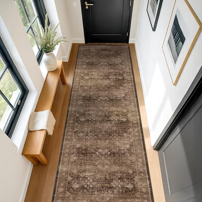 Hazo Haus Brown Earthy Boho Washable 3x10 Extra Long Hallway Runner Rug