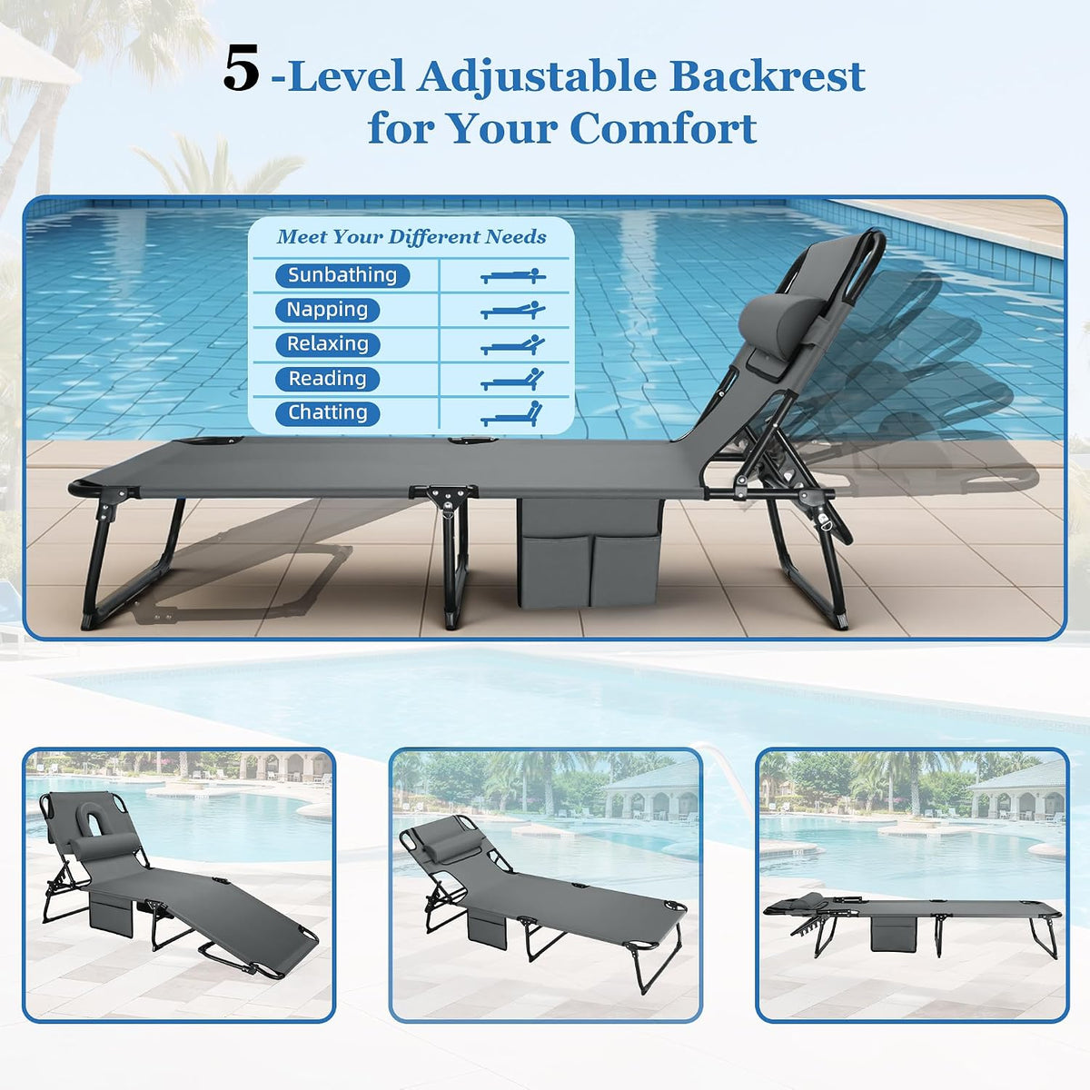 3-in-1 Sun Tanning Chair Outdoor Folding Chaise Lounge for Pool Beach, Grey