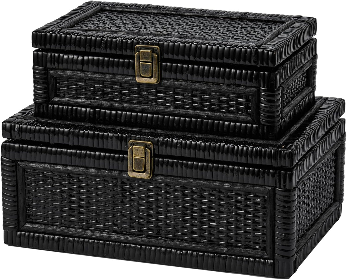 2PCS Rattan Box with Lid Decorative Natural Handmade Boho Basket