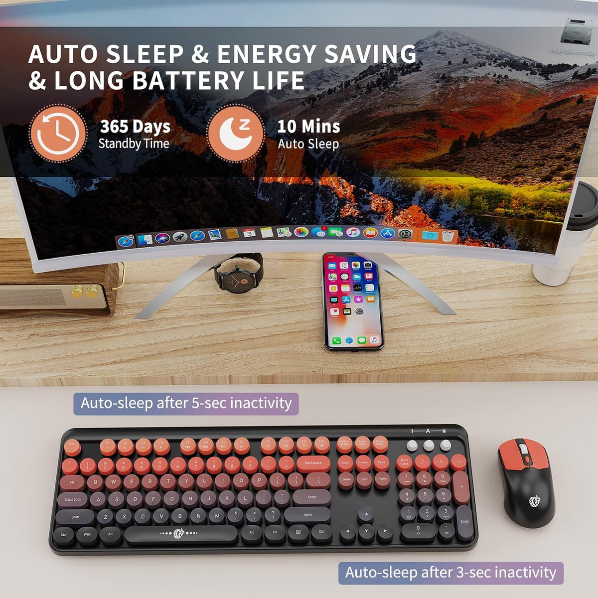 Wireless Keyboard and Mouse Combo,Retro Typewriter Style Round Keys,Orange