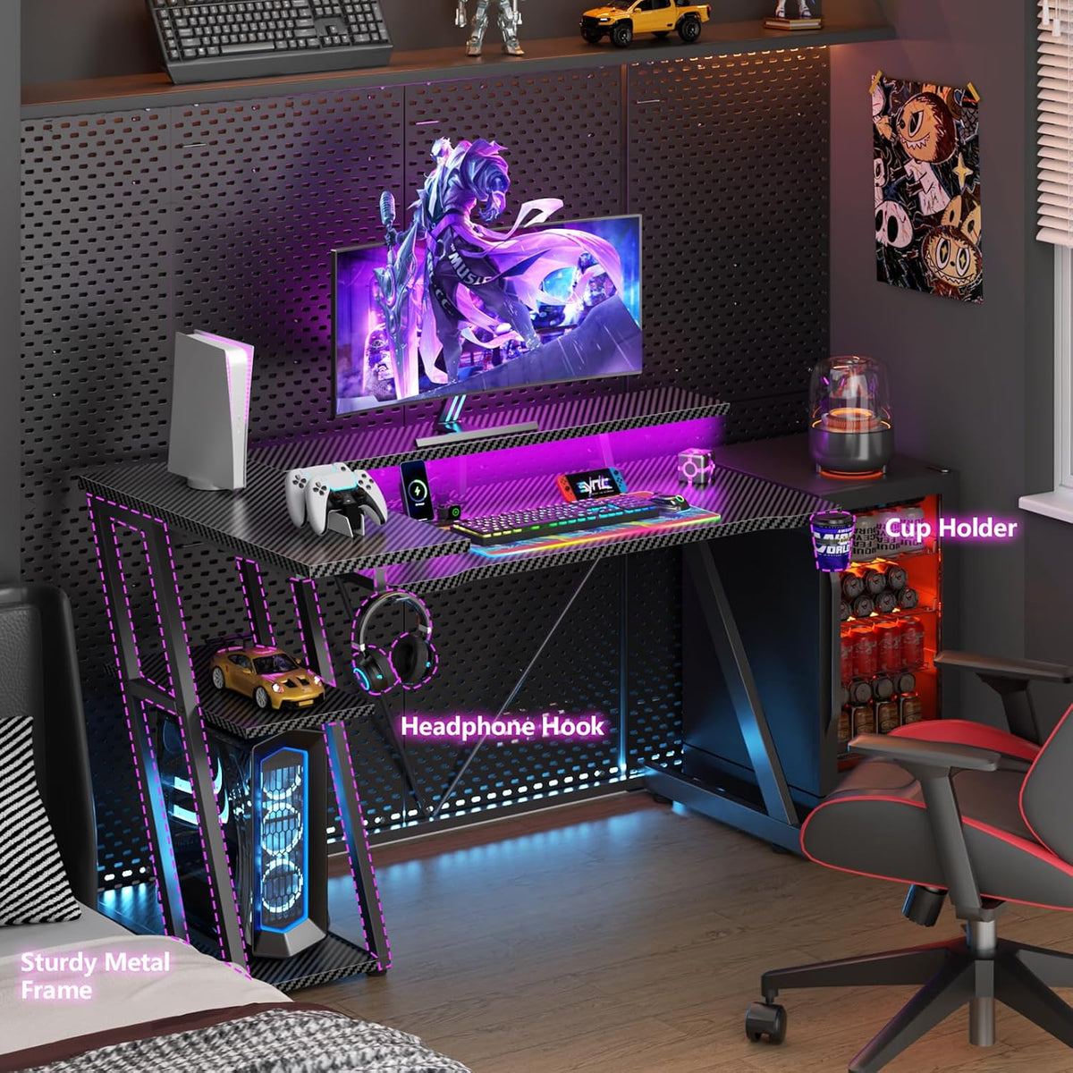 Korfile 47 Inch Gaming Desk with Power Outlet, LED, Carbon Fiber Black