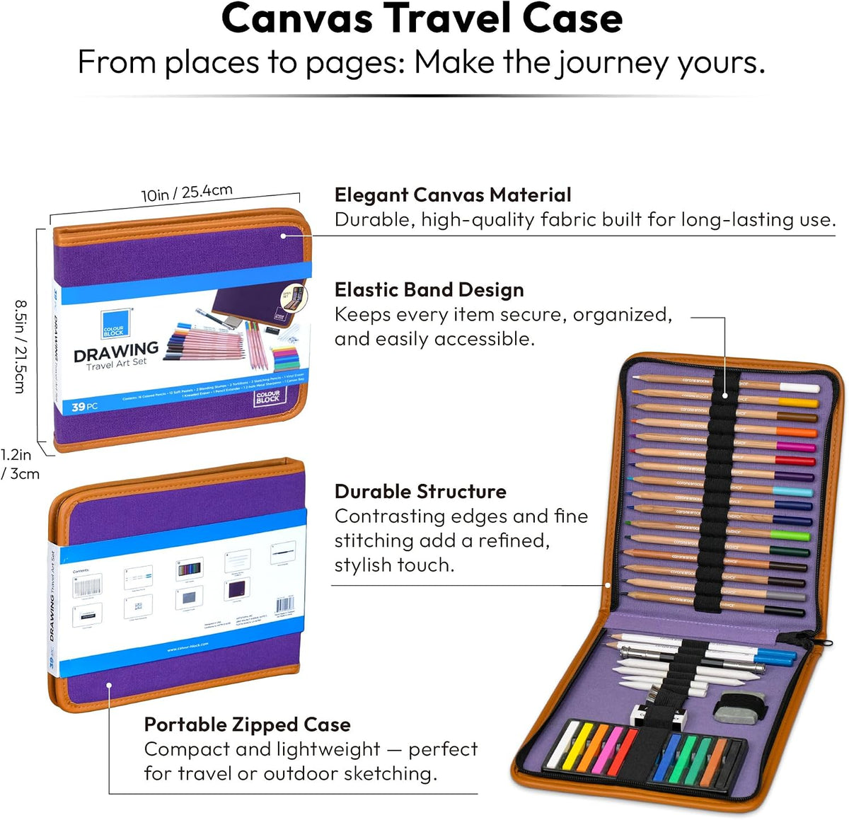 COLOUR BLOCK 40-Piece Drawing Travel Art Set – Portable Sketch and Drawing Art Kit with 16 Colored Pencils, 12 Soft Pastels, 2 Sketching Pencils, 6 Tools, Pad, Zip Case for Beginners, Artists, Adults