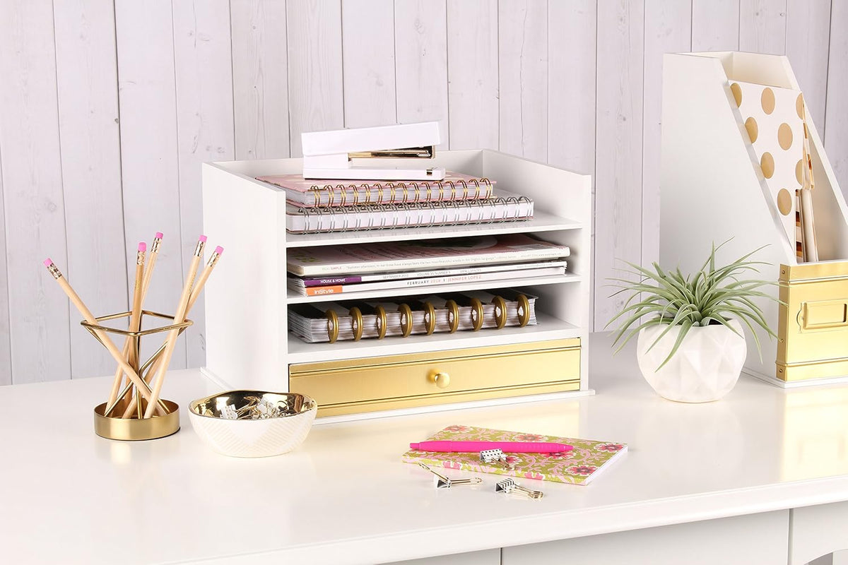 Kate and Laurel Industrious Desktop Wood Letter Tray with 3 Trays and Drawer, White and Gold