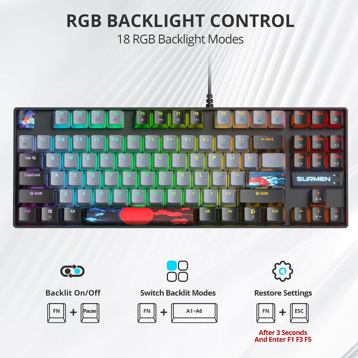 75% Mechanical Gaming Keyboard with Red Switch, RGB LED Backlit Keyboard Grey, 87 Keys Compact TKL Wired Computer Keyboard for Windows Laptop PC Gamer (87 Dolch)