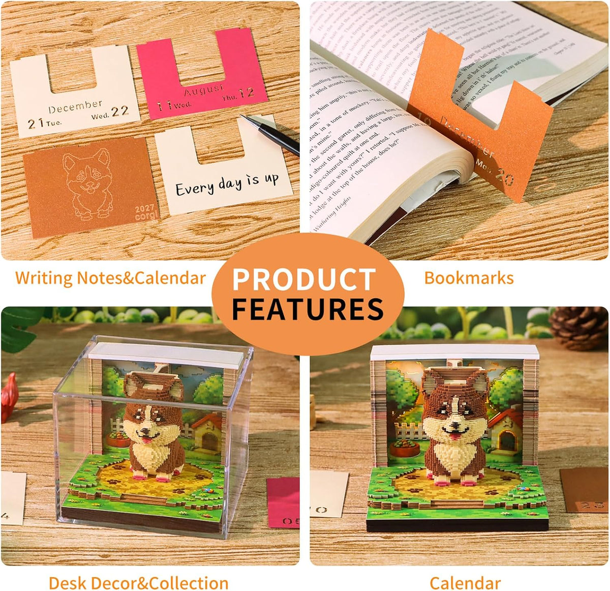 3D Calendar 2027, Desk Time Piece Calendar 2027,Tear-Away 3D Paper Art Notepad w LED Lights,Creative 3D Memo Artsy Pad Calendars, DIY Paper Carving Gift (Corgi)