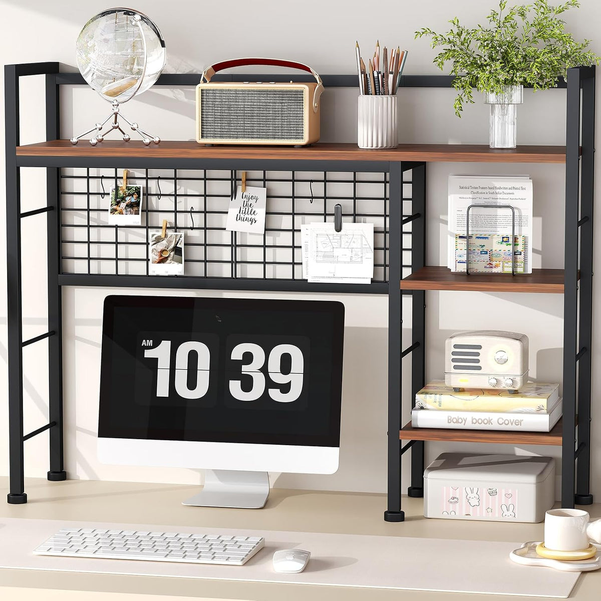 Desk Shelf,38.6" Desk Organizer Shelf,Wooden Desk Hutch for Computer Monitor,4 Tier Desk Display Rack with Pegboard Hooks Set for Home Office Dorm Storage,UXBZJ101Z