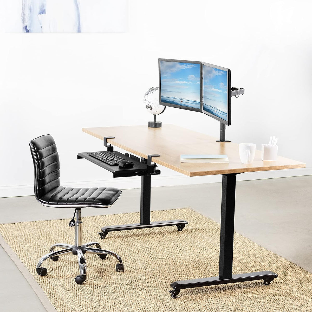 VIVO Dual 13 to 27 inch LCD Monitor Mount and Under Desk C-clamp 27 x 11 Keyboard Tray Kit, Heavy Duty, Fully Adjustable Stand and Slide-Out Platform (Bundle)
