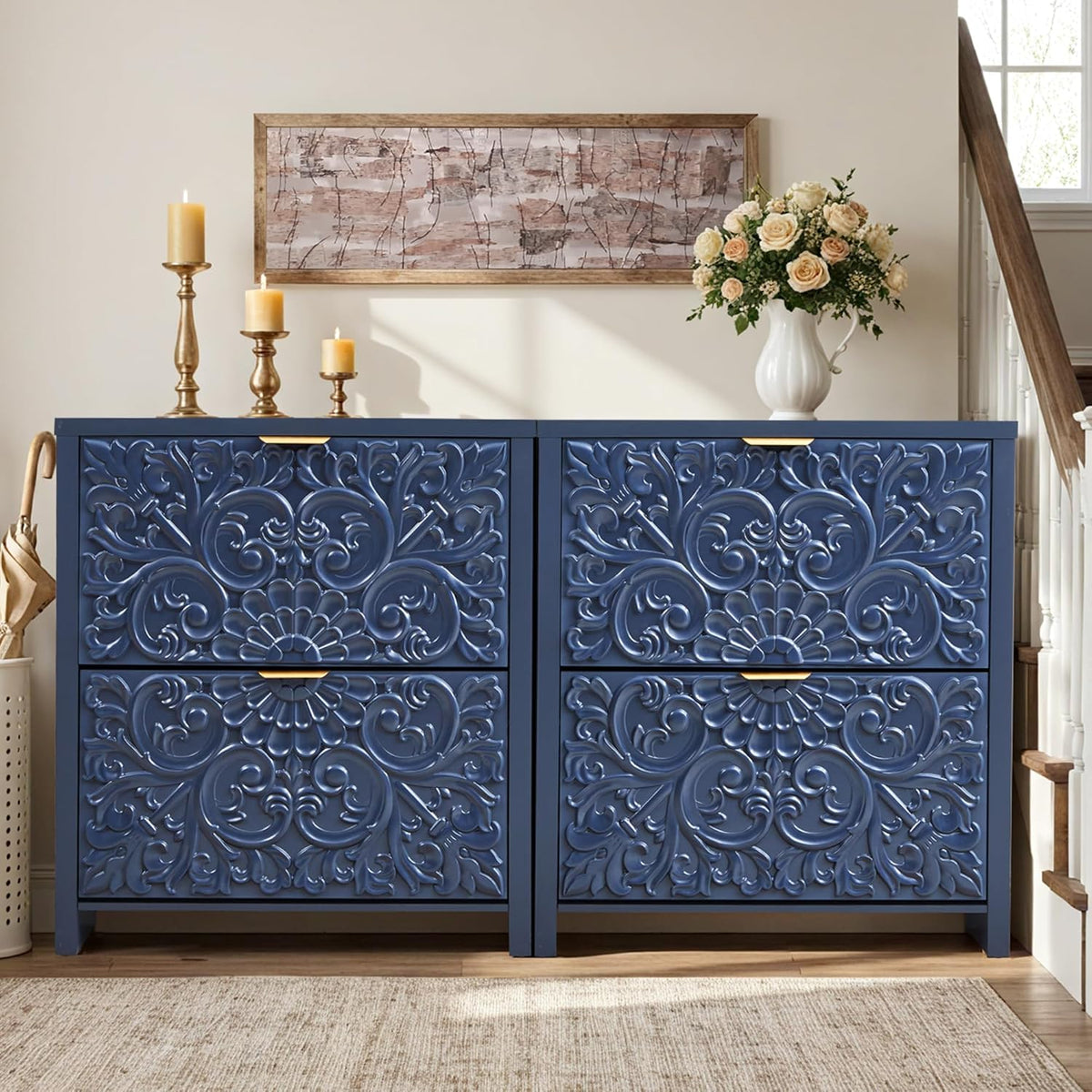 Shoe Cabinet with Flip Drawers, Narrow Shoe Storage Cabinet, 2-Tier Hidden Shoe Organizer with Floral Embossed for Entryway, Mid-Century Modern Slim Shoes Storage for Hallway Foyer (1, Midnight Blue)