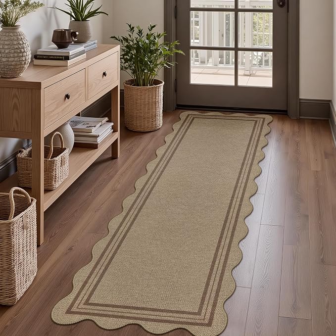 Scalloped Easy Jute 2x6 Kitchen Runner Rug, Washable Rugs
