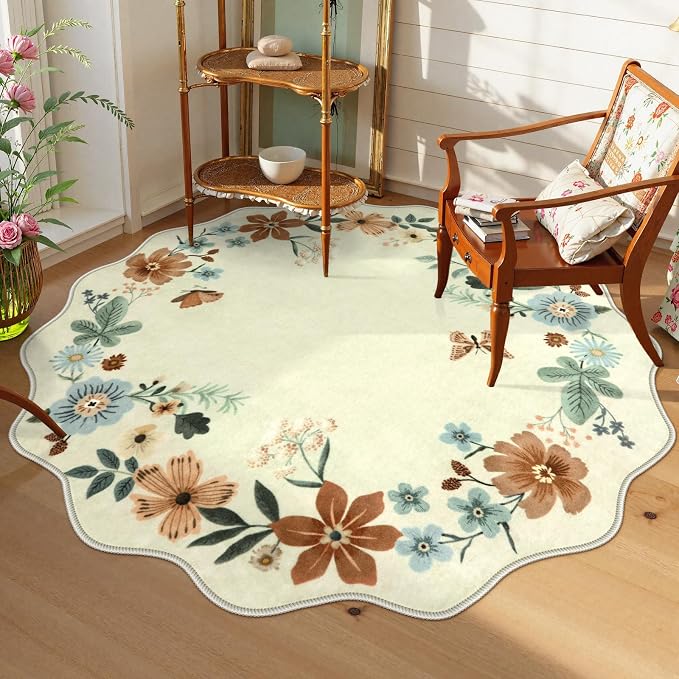 Lahome Floral Washable Round Area Rug, Round Rug 5ft Soft Non-Slip,