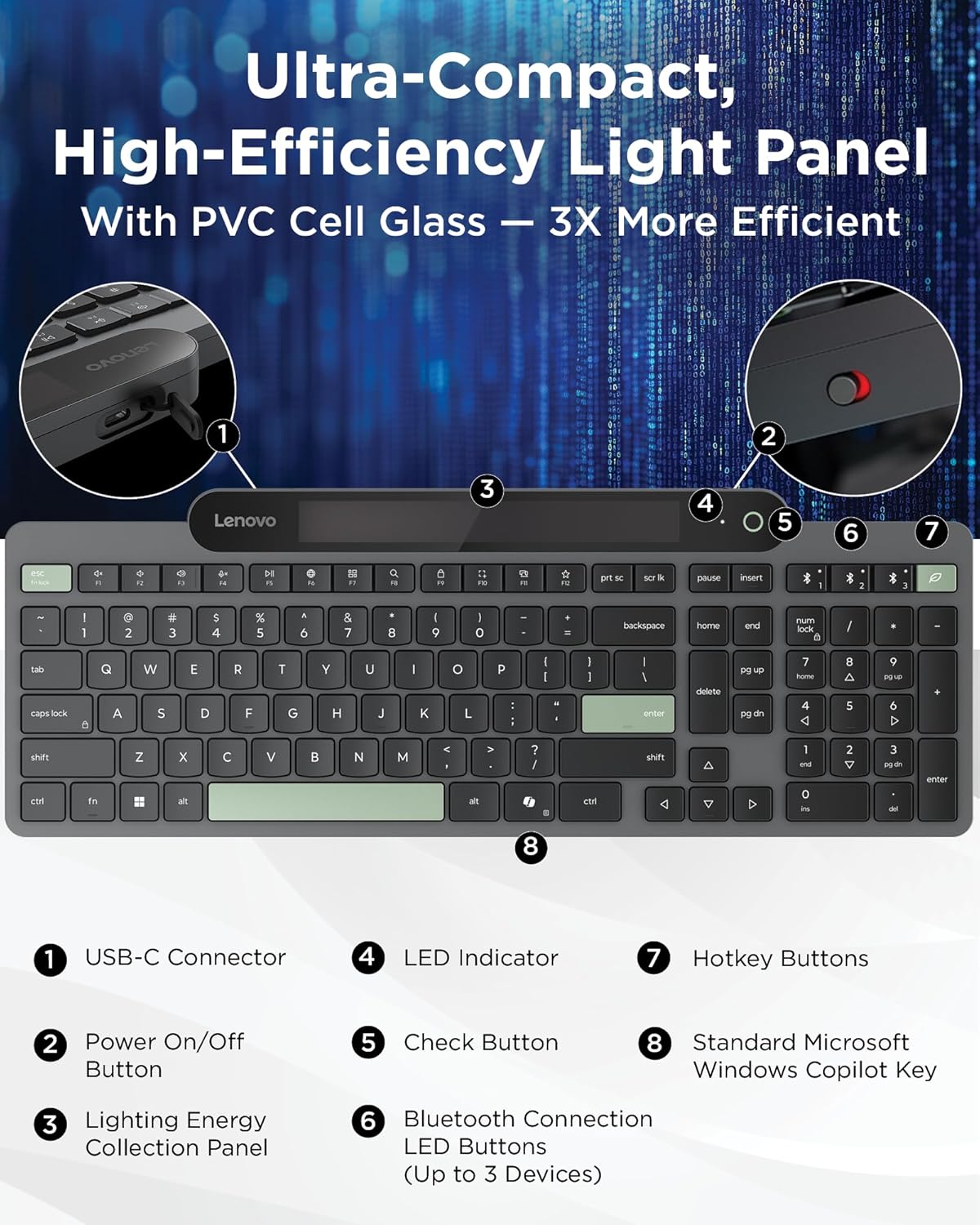 Lenovo 800 Self-Charging Bluetooth Keyboard, Uses Ambient Light, Bluetooth 5.1, Supports 3 Devices, Battery Free, Wireless, Grey