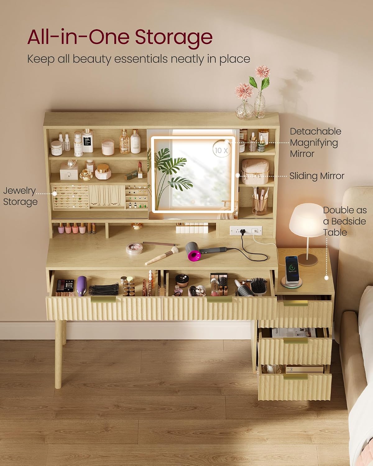 VASAGLE Fluted Vanity Desk with Sliding Mirror and Lights, 5 Drawers