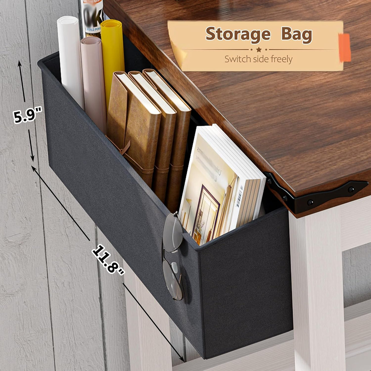 EnHomee 32"Farmhouse Writing Desk with Power Outlet,Storage Bag for Bedroom