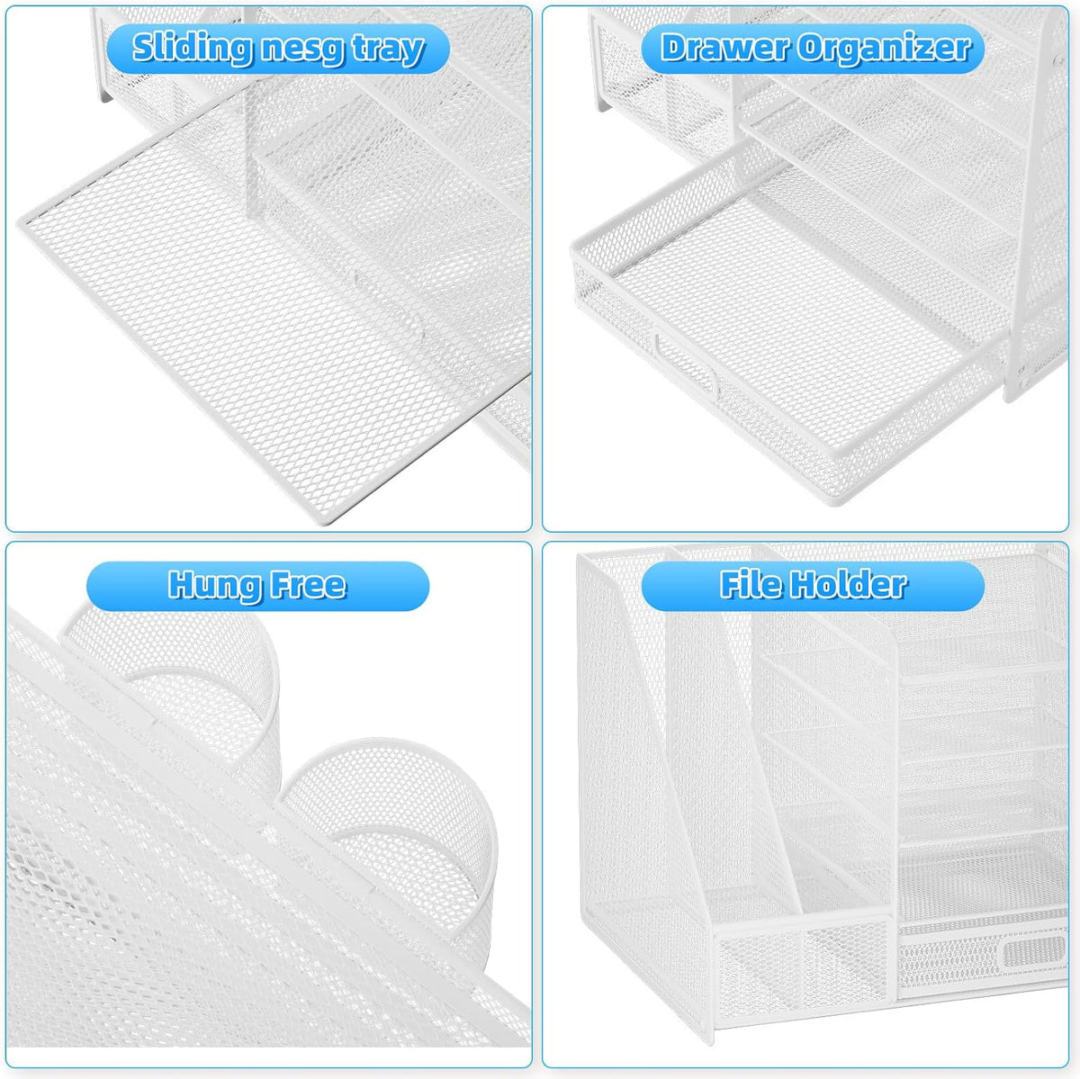 Lavatino Desk Organizer with File Holder, 5-Tier Paper Letter Tray Organizer with Sliding Drawer and 2 Pen Holder, Mesh Desktop File Organizer for Office Supplies, White