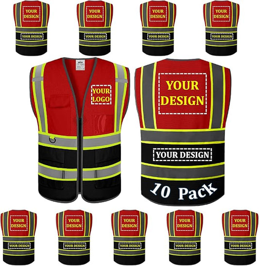 10 Pack Custom Mesh Safety Vest Customized Logo Class2 High Visibility Reflective Vest with Pockets Construction workwear（Red Black，3XL ）