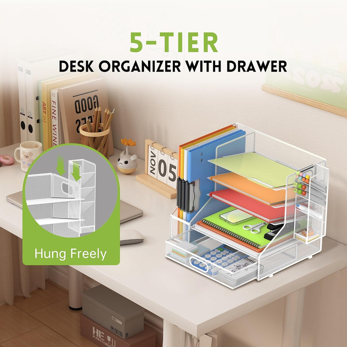 5-Tier Desk Organizer with File Holder & Pen Holder & Sliding Drawer, White
