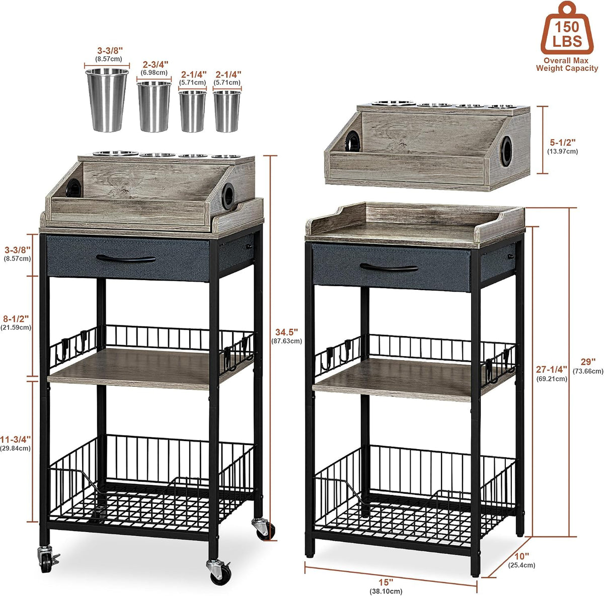 Large Makeup Cart Organizer with Hair Tool Holder, Black and Gray