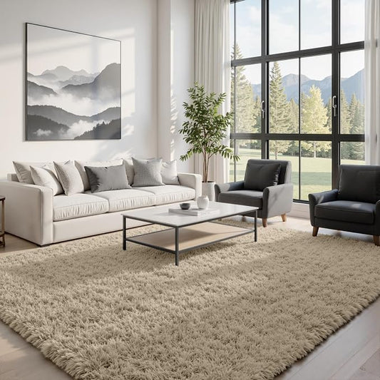 8x10 Area Rugs for Living Room Rug: Soft Fluffy Shag Gray Camel Rugs for Bedroom