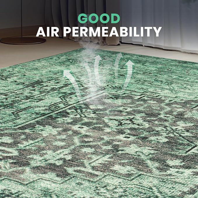 Washable Rugs 8x10 Area Rugs for Living Room- Vintage Green Rugs for Bedroom