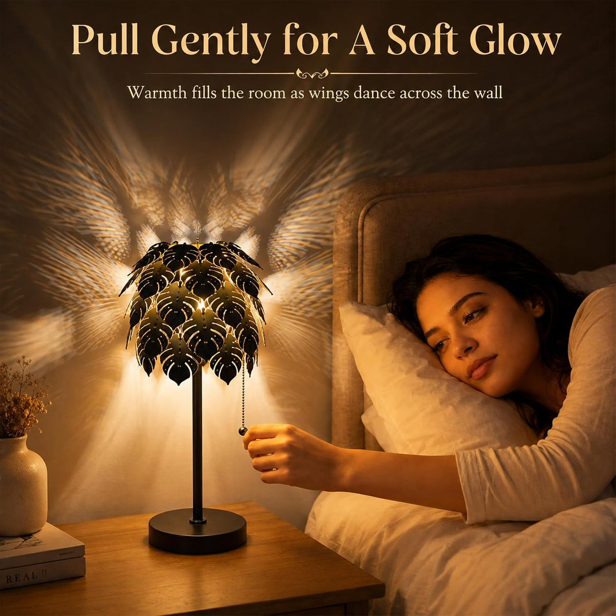 DIY Wood Monstera Table Lamp for Bedroom, Dimmable Lamp with Pull Chain