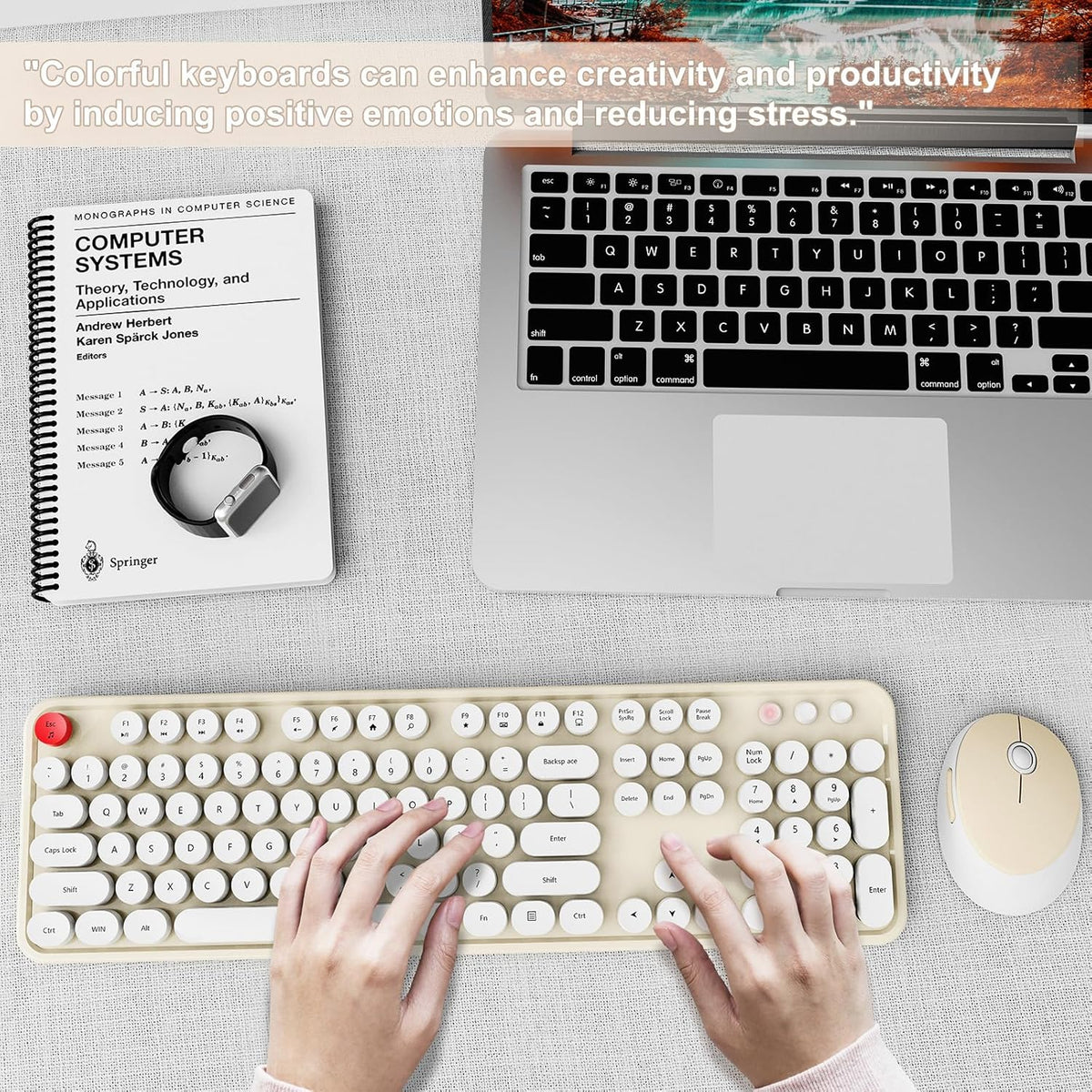 Wireless Keyboard and Mouse Combo, Ergonomic Full Size Typewriter Retro Round Keycaps Keyboard, Compatible with Windows, PC, Perfer for Home and Office Keyboards (Beige