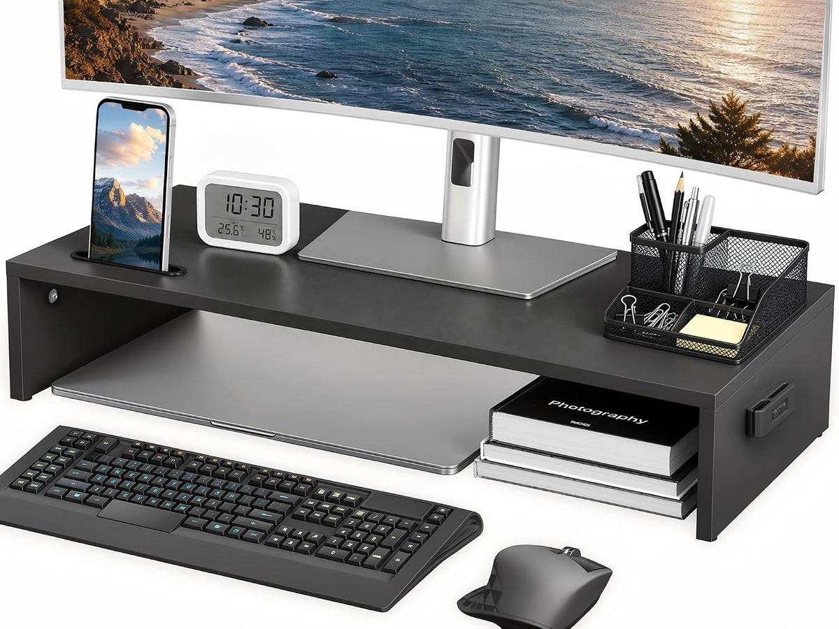 1home Ergonomic Monitor Stand Riser, 21.3 Inch Wood Desktop Stand with Cellphone Holder and Cable Management, Black