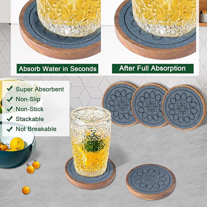 Wood Coasters for Drinks, Absorbent Coaster Sets of 5, Drinks Coasters for